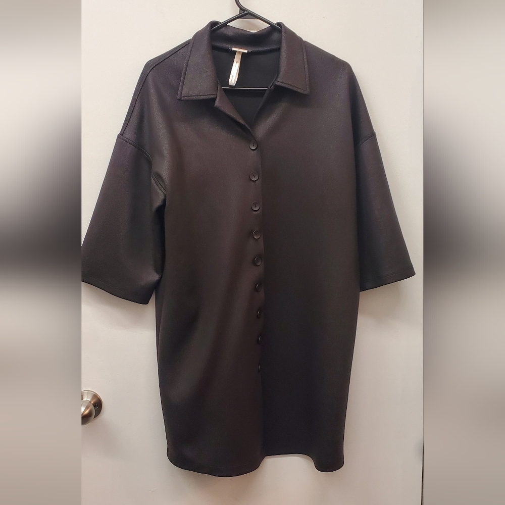 Women's Black Button Down Shirt Coat Dress Small Oversized fit - Picture 2 of 5